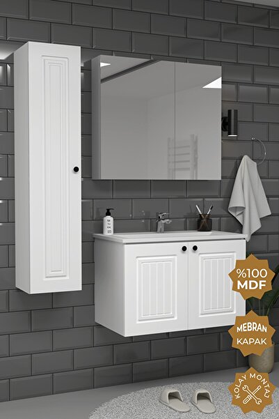 TETA HOME Pekin 80 cm MDF Gövde Membran Kapak Banyo Dolabı Seti + Boy Dolabı