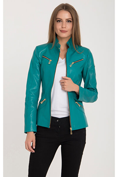 Dericeketim Kadın Turkuaz Renk Klasik Deri Ceket - B16 Turkuaz