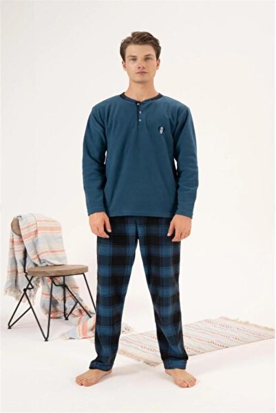 Estiva Solid Color Checkered Long Sleeve Fleece Men's Pajama Set
