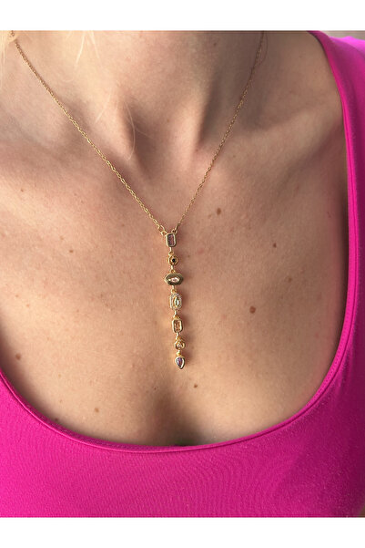 BİJUKO TAKI Stilinizi Parlatın Y Necklace, Stone Detailed Design Venice, Gold...