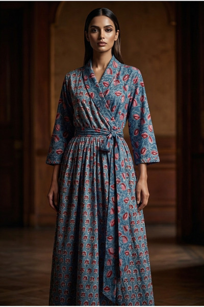 OEM Hand-printed cotton wrap dress