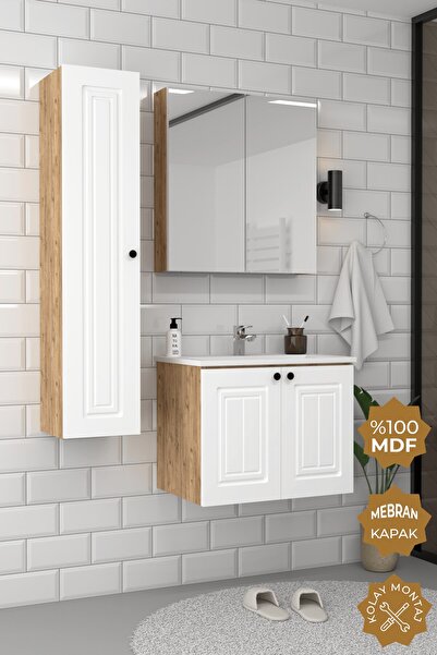 TETA HOME Pekin 65 cm MDF Gövde Membran Kapak Banyo Dolabı Seti + Boy Dolabı