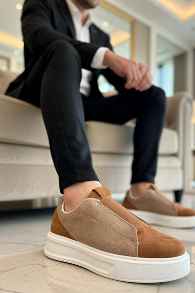 BENERLY Men's Casual Sneaker Low-Top Laceless Thick Sole Leather Suede Functi...