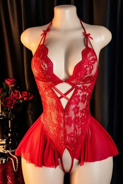 BELLA NOTTE Kırmızı Boyundan Bağlamalı Fiyonk Detaylı Dantel Gecelik