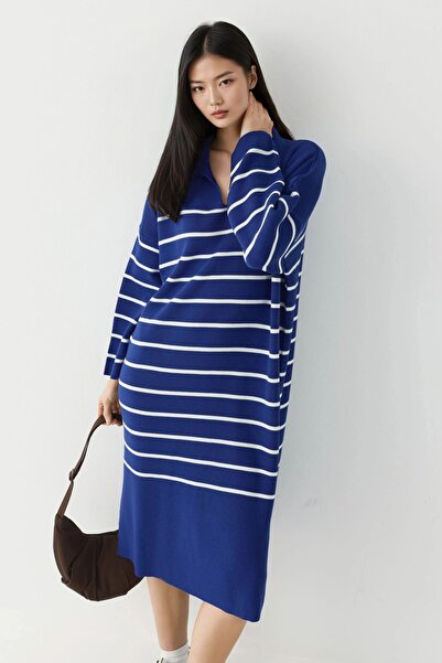 Hiccup MY FASHION Смугаста V-подібна горловина, вільний крій, трикотажна сукн...