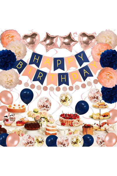 Generic Navy Blue Gold Birthday Party Supplies Paper Flowers Confetti Balloons Happy Birthday Banner