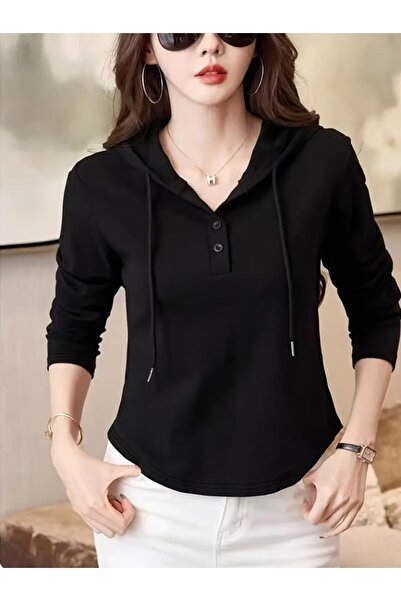 Modayakamoz Kadın Uzun Kollu Kapşonlu Bağcıklı Düğmeli Viskon Iki Iplik Bluz