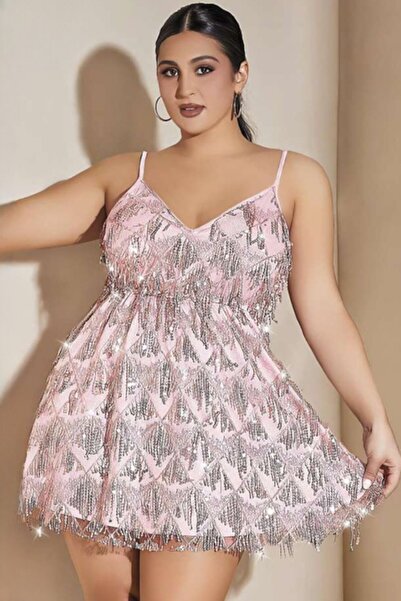 Melissa Pink Büyük Beden Pembe Saçaklı Payetli Mini Parti Elbisesi