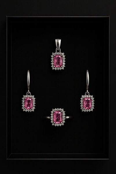 ZİRKONTAŞ Pembe Zirkon Taşlı 925 Ayar Gümüş Set (Kolye Küpe Yüzük)