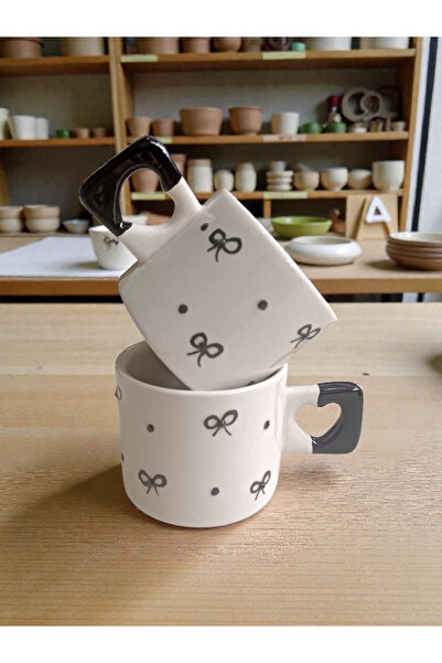 Simge Seramik 2 Li Handcrafted Ribbon Embroidered Natural Ceramic Mug Cup Tea / Cappuccino Cup