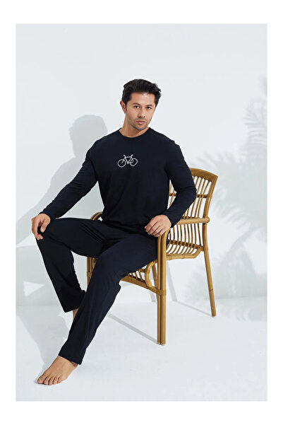 Moonzer Ανδρικό μακρυμάνικο ποδηλατικό κεντημένο μαύρο χτενισμένο βαμβακερό ύφασμα ελαφρύ Σετ πιτζάμες