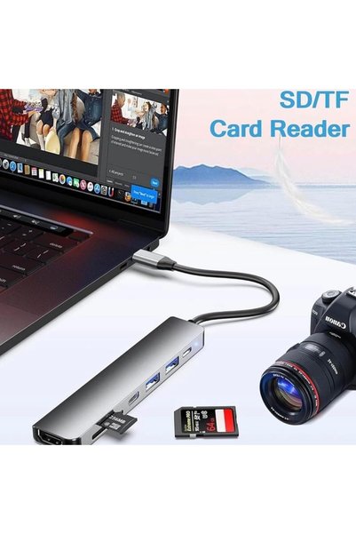 Faturatuk موزع USB-C متعدد الوظائف 7 في 1 متوافق مع أجهزة MacBook، يدعم الشحن السريع بقدرة 100 واط، مزود بـ 3 منافذ USB، قارئ بطاقات SD/Micro SD، لون فضي