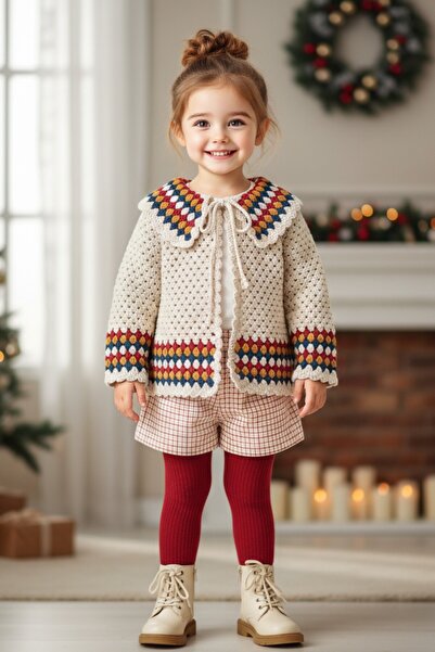 Butik ÇOCUK KREM RENKLİ MOTİFLİ ÖRGÜ HIRKA