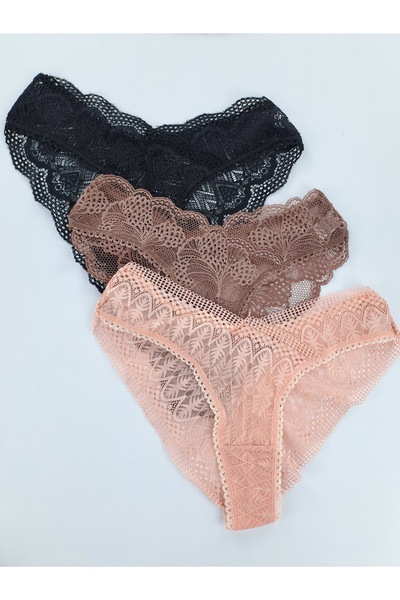 Butik 3'lü Full Dantelli Tanga Külot Brezilya Kesim Tanga Likralı Esnek Rahat...