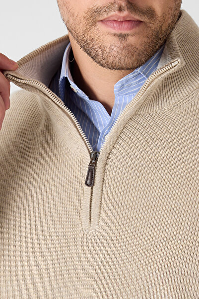 Frappoli Pulover Monica pentru bărbați, bej, Selenic, tricotat, cu jumătate de fermoar, guler ridicat Regular Fit
