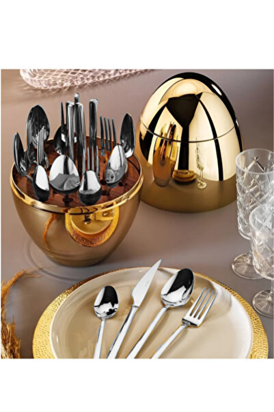 EMFA HOME Cutie pentru tacâmuri din aur cu 24 de ochi – Set de tacâmuri din argint în formă de ou, cuțit, lingură, 24 de piese