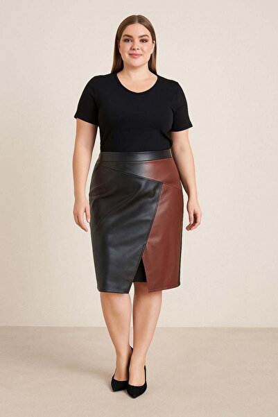 bezeXL Plus Size Front Slit Leather Skirt Black
