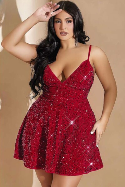 Melissa Pink Büyük Beden Kırmızı Pullu Mini Abiye Elbise (Askılı Dekolteli)