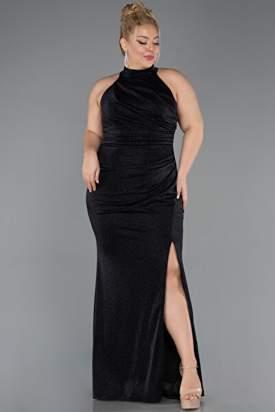 Abiyefon Siyah Halter Yaka Yırtmaçlı Uzun Simli Büyük Beden Abiye ABU5427