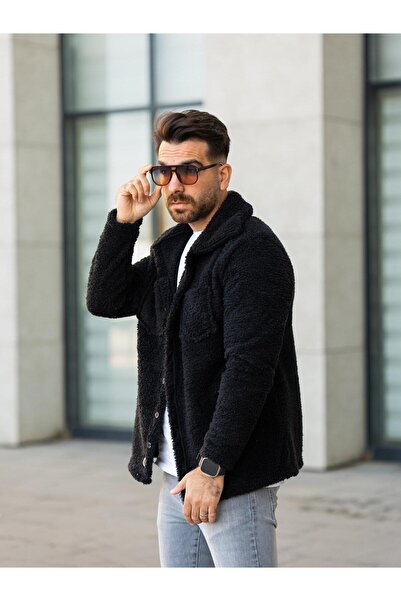 NERA GİYİM Unisex Siyah Peluş Gömlek Yaka Düğmeli Çift Cepli Regular Fit Wersoft Polar Kumaş