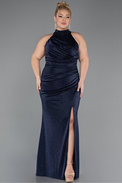 Abiyefon Lacivert Bacak Dekolteli Uzun Simli Büyük Beden Abiye ABU5427