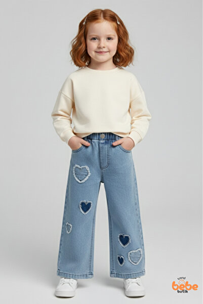Trend Bebe Butik Kız Çocuk Kalp Aplikeli Kot Pantolon Rahat Kalıp, Lastikli Y...