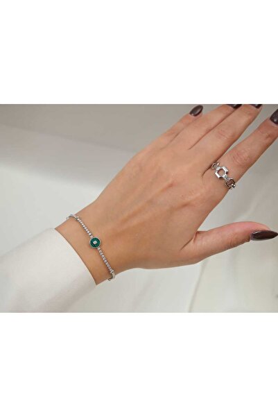ATELİER TUĞBA Blk160 Green Motifed Fine Waterway Bracelet Silver - 17 cm + 2 ...