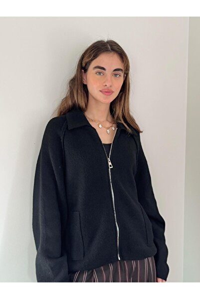 Retrobird Front Zipper Polo Neck Jacket Cardigan Women Black