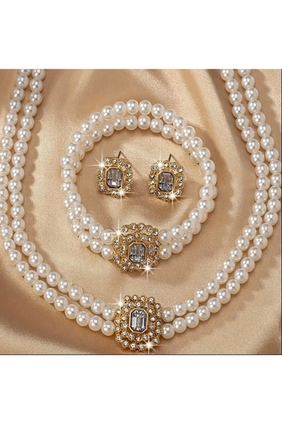 DeNors İncili Taşlı Gelin Kolye Seti – Zarif Kristal Detaylı Düğün & Nişan Ta...