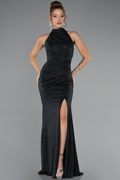 Abiyefon Yeşil Halter Yaka Yırtmaçlı Uzun Simli Abiye Elbise ABU5368