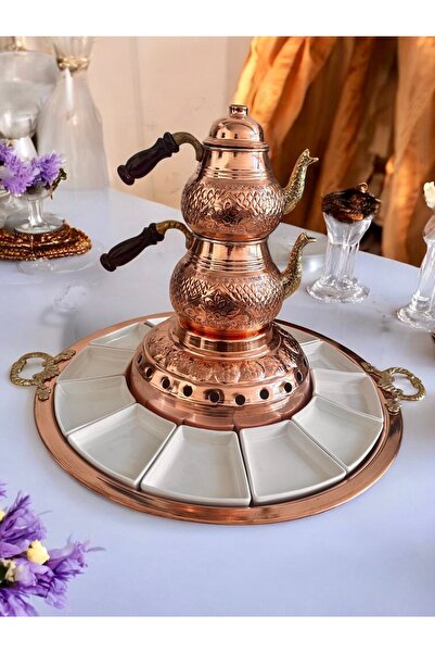 BARITCIOGLU طقم إفطار كبير الحجم مع إبريق شاي نحاسي وموقد وصينية لـ 6-8 أشخاص