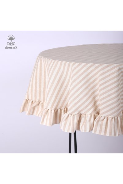 DNC home tekstil Keten Çizgili Sütlü Kahve Fırfırlı Masa Örtüsü