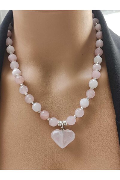 elinasaccessories Pembe Kuvars Doğal Taş Kolye Sevgi Enerjisi Kalp Uçlu Hematit Ara Aparatlı Kadın Hediyelik El Yapım