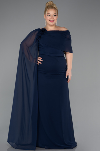 Abiyefon Lacivert Pelerinli Tek Omuz Uzun Şifon Büyük Beden Abiye ABU5419