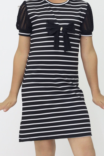 BeModal Рокля за момиче с раирана панделка, ръкави с волани от шифон, ежеднев...