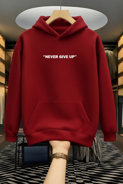 Revasser Unisex Erkek/Kadın NEVER Renkli Özel Baskılı Pamuklu Oversize Kapüşo...