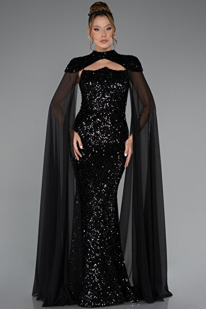 Abiyefon Siyah Straplez Pelerin Detay Uzun Pul Payet Abiye ABU5364