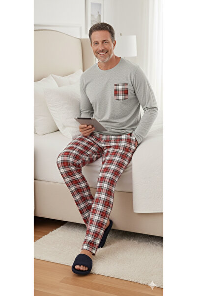 Lunaberry Σετ ανδρικής πιτζάμα Groom καρό με τύπωμα ,Μακρυμάνικο,Με τσέπες, ε...