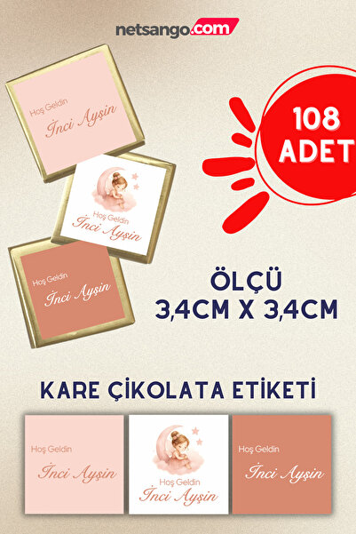 Netsan Etiket Peri Hilal Desen İsme Özel Kare Madlen Çikolata Etiketi 108 Ade...