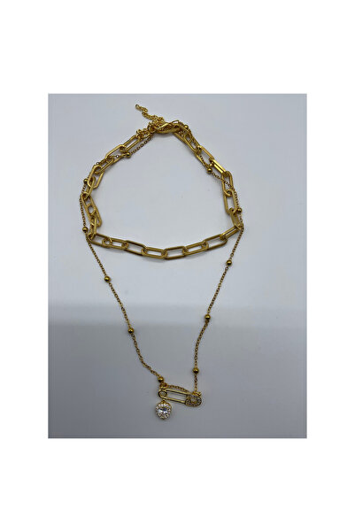 CHIC ÇENGELLİ İĞNE ZİRKON TAŞLI KALPLİ ÇELİK GOLD ZİNCİR ÇOKLU GOLD KOLYE