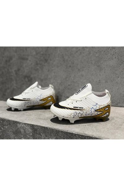 sinmm Studded boys' football shoes with sock-style collar for turf, white-gold color.