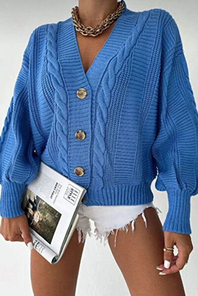 The Robi Women's Navy Blue V-Neck Buttoned Hair Knitwear Cardigan