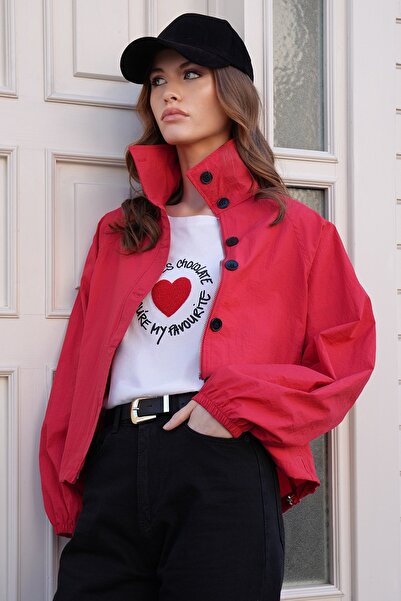 Trend Alaçatı Stili Jachetă roșie pentru femei, cu închidere cu nasturi și fe...