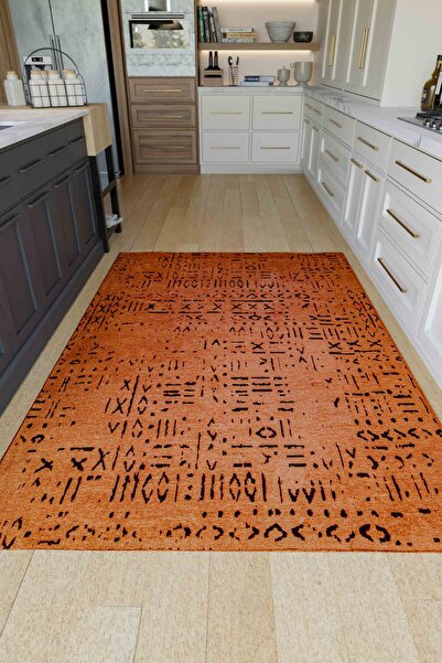 Lorente Home Moreno Viskon Dokuma Kiremit Siyah Kaymaz Taban Yıkanabilir Mutfak Halısı 1324