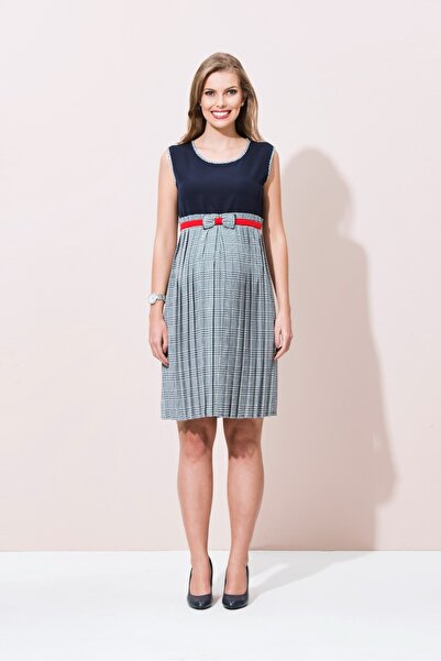 Desen Hamile Giyim Lacivert Fiyonk Detaylı Hamile Elbise