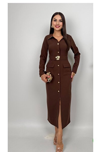 ZENNE TOPTAN Cepli kemer detaylı şık uzun elbise kahverengi