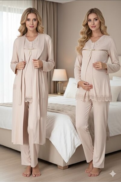 LOHOUSE Women's Shawl Collar Lace Maternity Pajama Set with Dressing Gown, 3-...