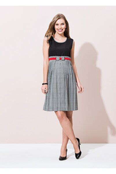 Desen Hamile Giyim Siyah Fiyonk Detaylı Hamile Elbise