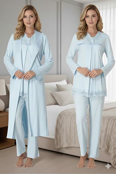 LOHOUSE طقم بيجامة نسائي مكون من 3 قطع مع ياقة شال ودانتيل للحوامل