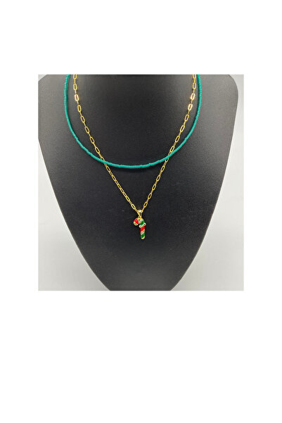CHIC New Year Green Red Cane Tip Gold Chain Glass Bead Multi Necklace